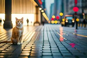 a cat sitting on the sidewalk in front of a city. AI-Generated photo