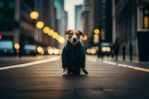a dog in a suit sitting on the street. AI-Generated photo
