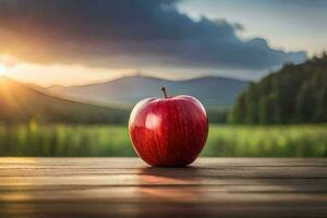 red apple on a wooden table in front of a sunset. AI-Generated photo