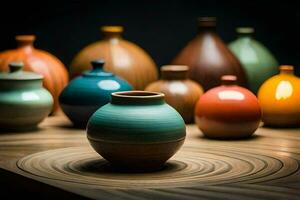 a group of colorful vases sitting on a table. AI-Generated photo