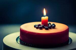 a single candle is lit on a birthday cake. AI-Generated photo