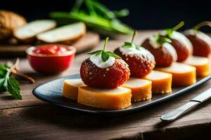 a platter of cheese and strawberries on a wooden table. AI-Generated photo