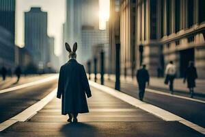 a rabbit wearing a coat and hat walks down a street. AI-Generated photo