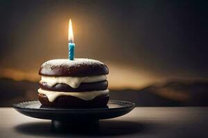 a chocolate cake with a lit candle on top. AI-Generated photo