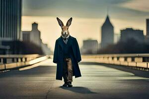 un Conejo vistiendo un Saco y Corbata caminando abajo un calle. generado por ai foto