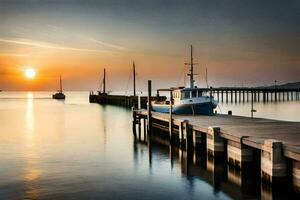 barcos atracado a el muelle a puesta de sol. generado por ai foto