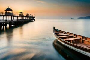 a boat sits on the water at sunset. AI-Generated photo