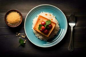 a plate with rice, tofu and cherries on a wooden table. AI-Generated photo