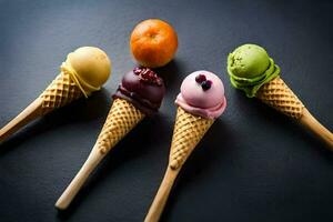 ice cream cones with different flavors on a black background. AI-Generated photo