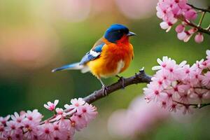 a colorful bird sits on a branch of a tree. AI-Generated photo