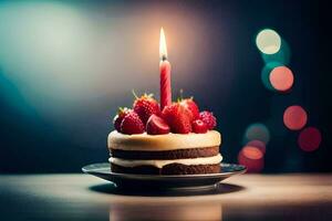 a birthday cake with a single candle. AI-Generated photo