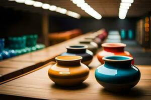 colorful vases sit on a wooden table in a room. AI-Generated photo