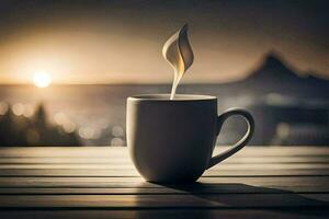 café taza en el mesa con un ver de el puesta de sol. generado por ai foto