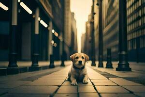 un perro sentado en el calle en un ciudad. generado por ai foto