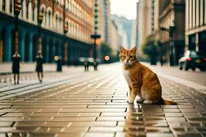 an orange cat sitting on the ground in a city. AI-Generated photo