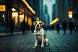 a dog sitting on the street in front of a city. AI-Generated photo