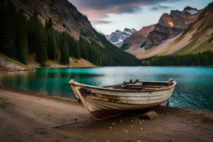 un barco se sienta en el apuntalar de un lago en el montañas. generado por ai foto