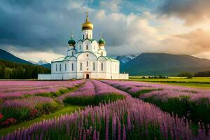 a church in the middle of a lavender field. AI-Generated photo