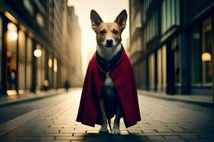 un perro vistiendo un rojo capa en pie en un calle. generado por ai foto