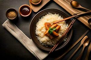 chicken with rice and chopsticks on a plate. AI-Generated photo