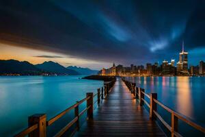 a pier in the middle of a lake at night. AI-Generated photo