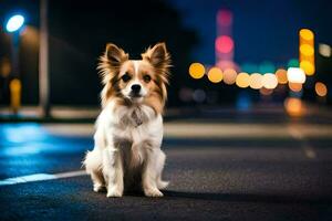 a dog sitting on the street at night. AI-Generated photo