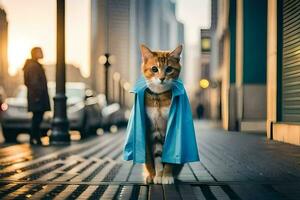 a cat wearing a blue jacket standing on a street. AI-Generated photo