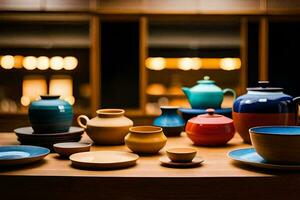 a table with many colorful ceramic dishes. AI-Generated photo