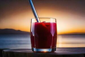 a glass of juice with a straw sitting on a wooden table. AI-Generated photo