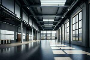 an empty industrial warehouse with large windows. AI-Generated photo