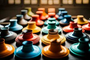 colorful vases are arranged in a row. AI-Generated photo