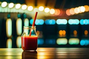 a glass jar with a straw sitting on a table in front of a blurry background. AI-Generated photo