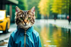 a cat in a blue jacket standing in the rain. AI-Generated photo