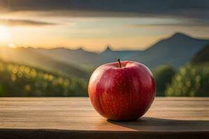 an apple sits on a table in front of a mountain. AI-Generated photo