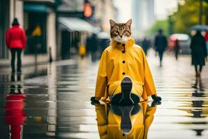 a cat in a yellow raincoat sitting on the ground. AI-Generated photo