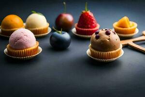 a group of cupcakes with different types of fruit. AI-Generated photo