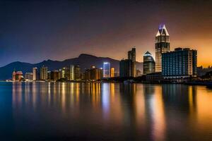 el ciudad horizonte a noche con montañas en el antecedentes. generado por ai foto