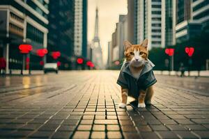 a cat wearing a jacket on a city street. AI-Generated photo