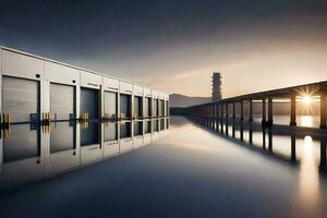 a large building with a large pool in front of it. AI-Generated photo