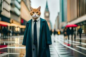 un gato vestido en un traje y Corbata en pie en un ciudad calle. generado por ai foto