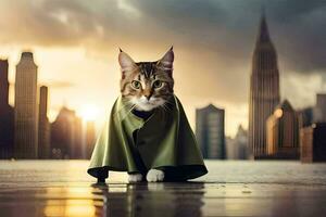 a cat wearing a cape in front of a city. AI-Generated photo
