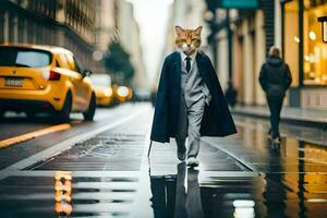 un gato vestido como un hombre caminando abajo un ciudad calle. generado por ai foto