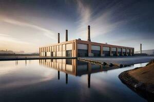 a factory building with water and a reflection. AI-Generated photo