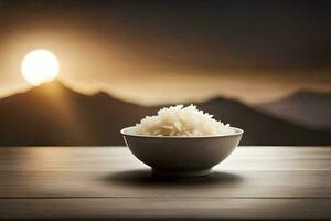 rice in a bowl on a table with mountains in the background. AI-Generated photo