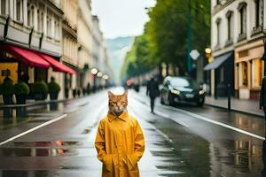 a fox wearing a raincoat on a rainy street. AI-Generated photo