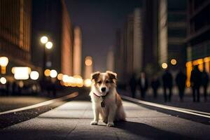 a dog sitting on the street at night. AI-Generated photo