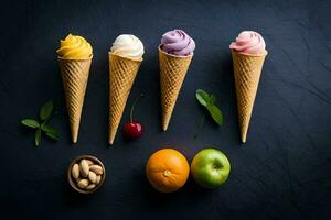 five ice cream cones with different flavors and fruits. AI-Generated photo