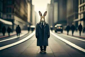 un Conejo vistiendo un traje y Corbata en pie en el medio de un ciudad calle. generado por ai foto