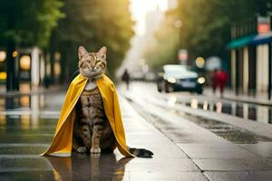 a cat wearing a yellow cape on a rainy day. AI-Generated photo