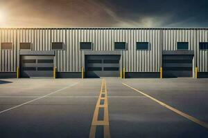 a large industrial building with two garage doors. AI-Generated photo